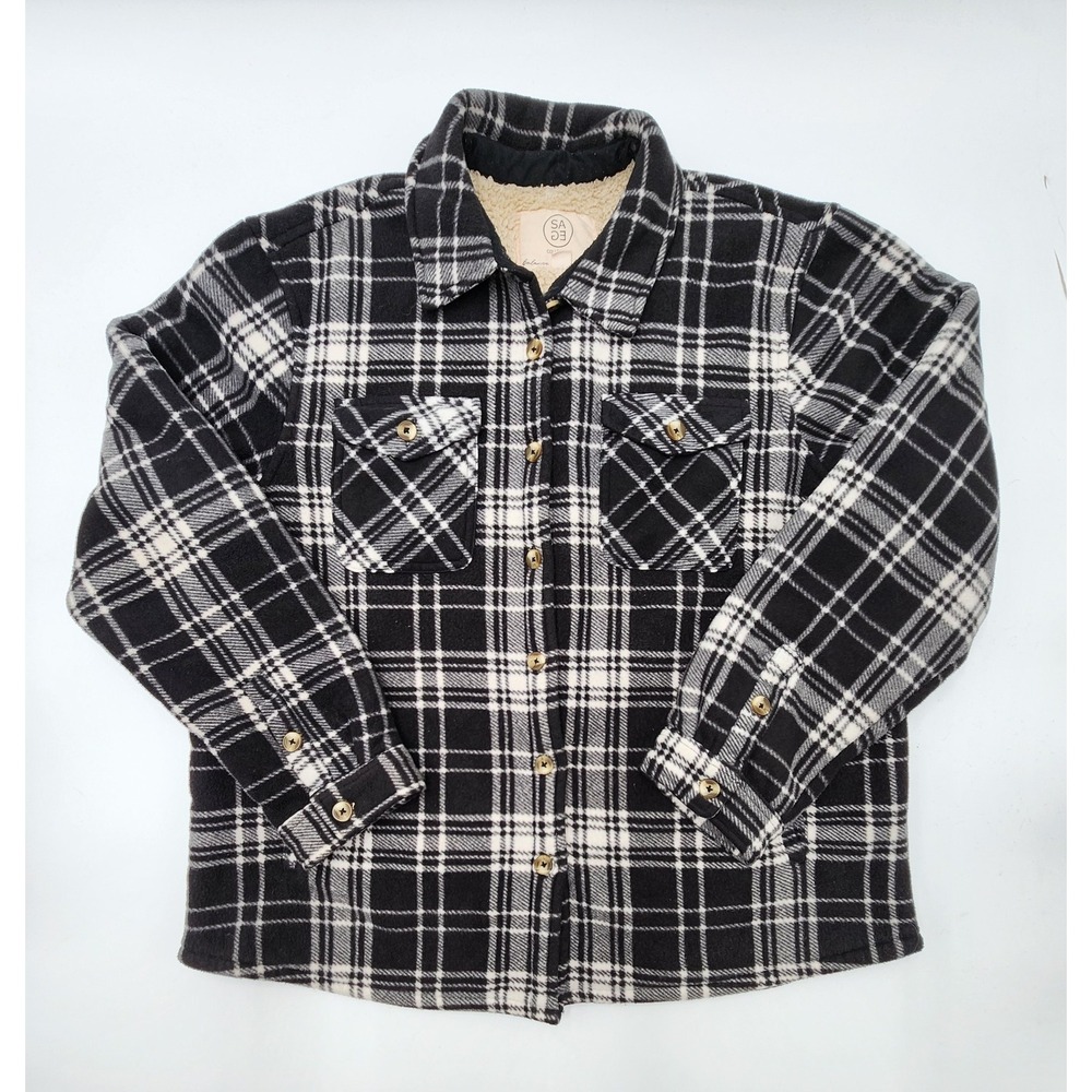 Sage Collective Shacket Adult Womens XL Black White Plaid Fleece Sherpa